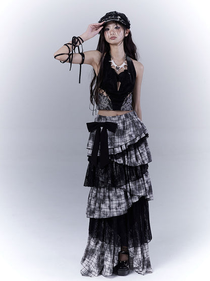 Regular/Long Version Asymmetrical Tiered Plaid Skirt Black Punk