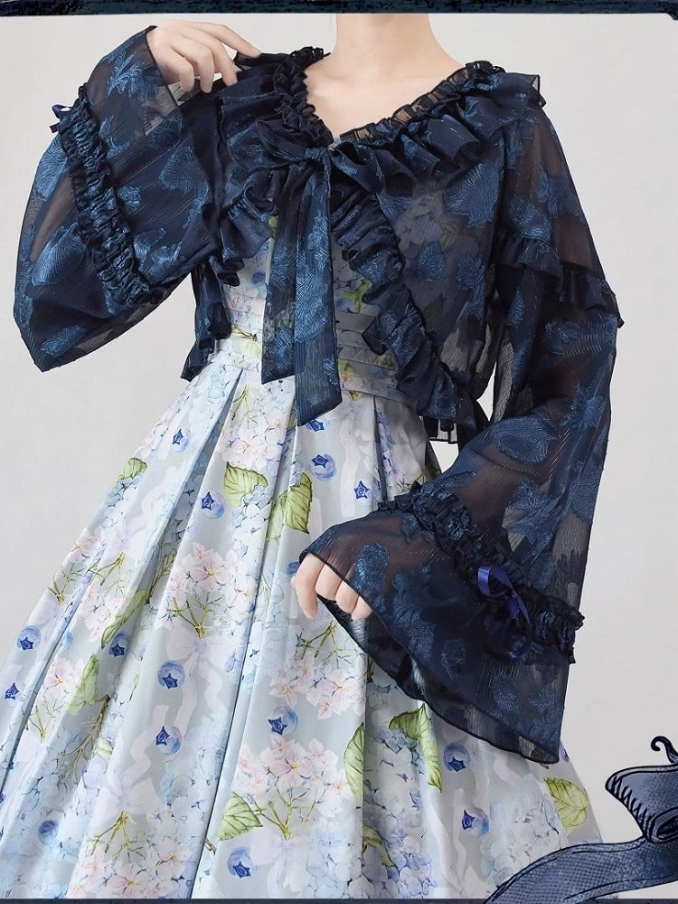 Navy Blue Balloon Sleeve Adjustable Cuff Jacket with Ruffle & Bow