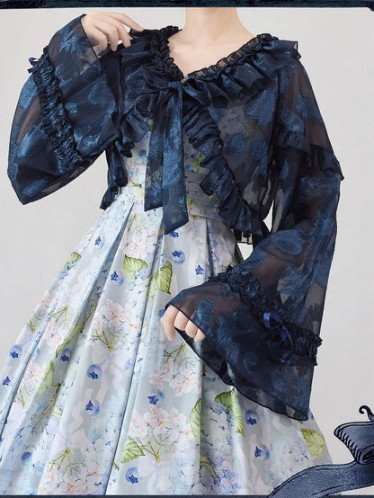 Navy Blue Balloon Sleeve Adjustable Cuff Jacket with Ruffle & Bow