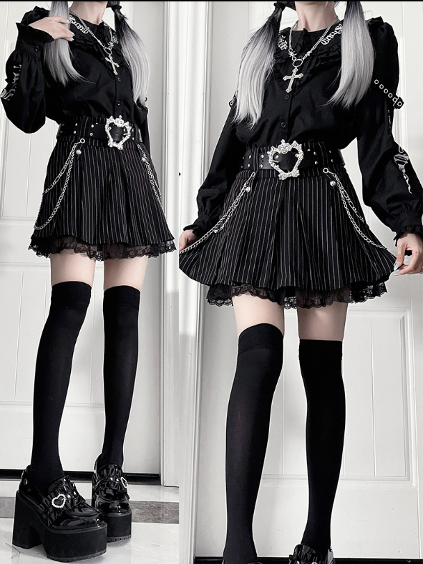 Motif Metal Pinstripe Gothic Black Lace Skirtwith HemSide Studded PUBelt Chains+Black Cross