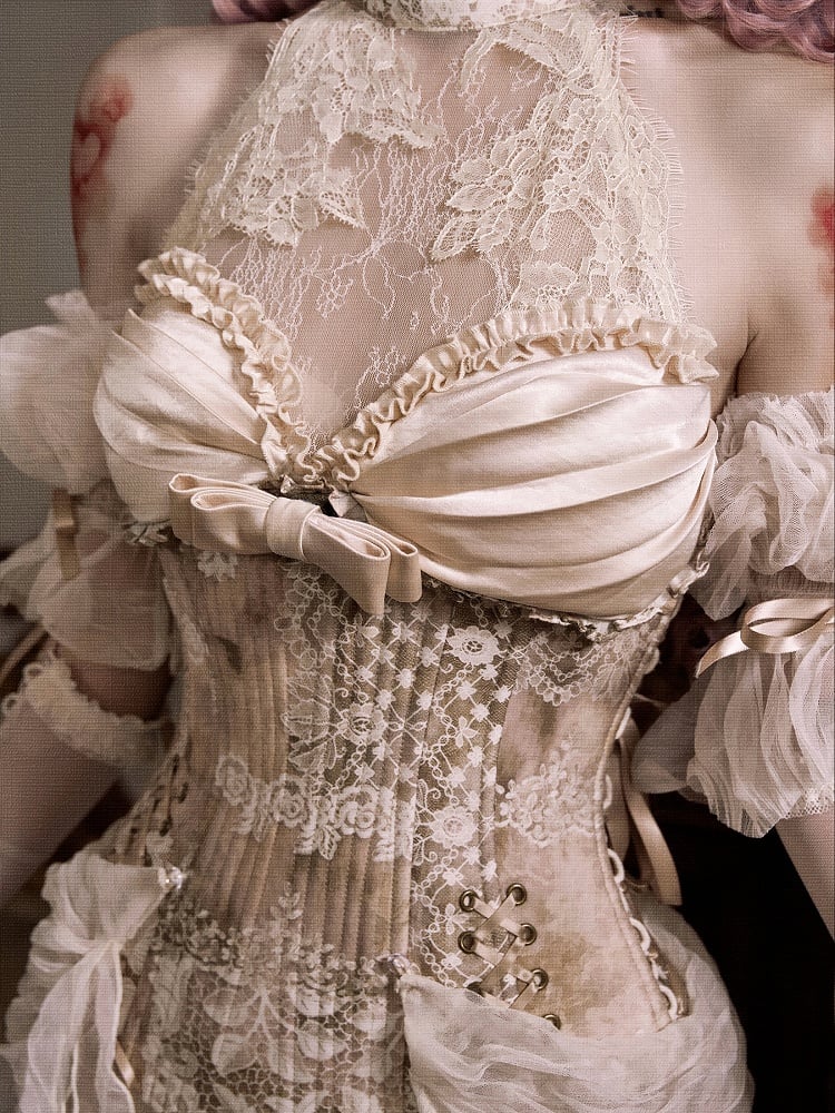Cascading Halter Lace Ruffle Illusion Detachable Accents Rococo Top Corset with Neck