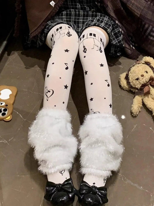 Print White Stockings Musical Fluffy Warmers Lolita Style Star Note with Leg