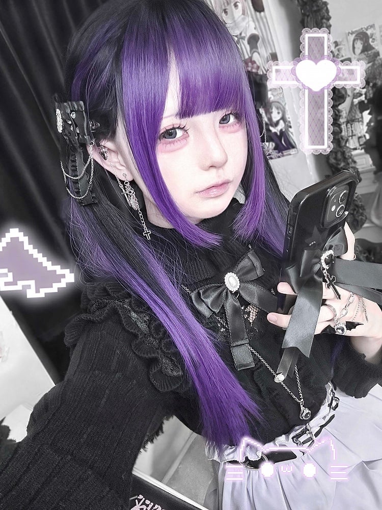 Black Bangs Purple Wig with Straight 68CM Ombre Long
