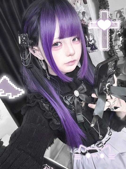 Black Bangs Purple Wig with Straight 68CM Ombre Long