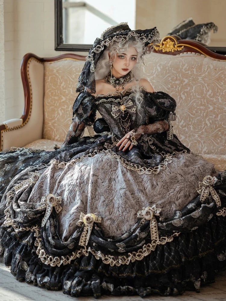 Lolita Gray Long Off-Shoulder Gown Lace Details with Ruffles Version Layered and Hime Hanayome Black Bow