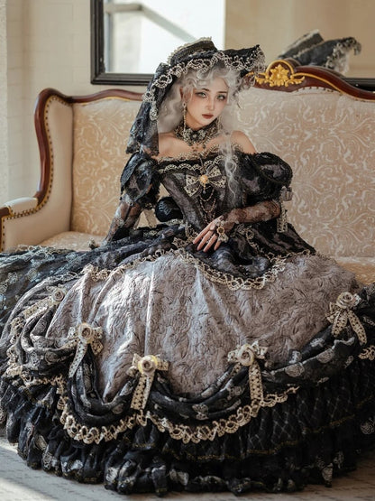 Lolita Gray Long Off-Shoulder Gown Lace Details with Ruffles Version Layered and Hime Hanayome Black Bow