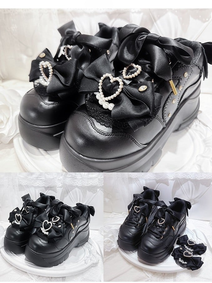 - Kei Lace-Up Shoes Heart Details Black Platform Trim Jirai with Beaded Bow Lace Design Rhinestone