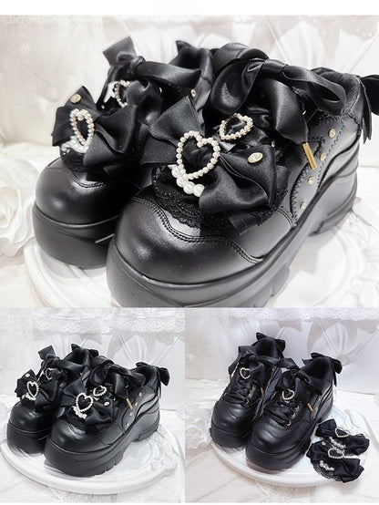 - Kei Lace-Up Shoes Heart Details Black Platform Trim Jirai with Beaded Bow Lace Design Rhinestone