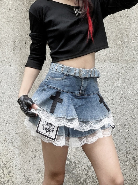 Tiered Skirt Blue Cross and Skeleton Appliques Lace Trim Glamorous