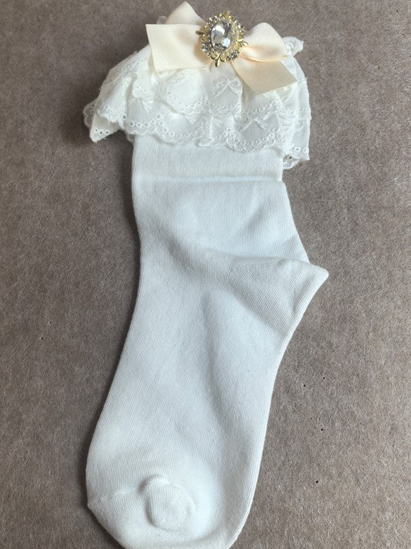 Weiße Kalbsledersocken mit Rüschen, Jirai-Manschette, Kei-Schleife, Rosa/Blau/Lila/Weiß/Schwarz/Beige und Details