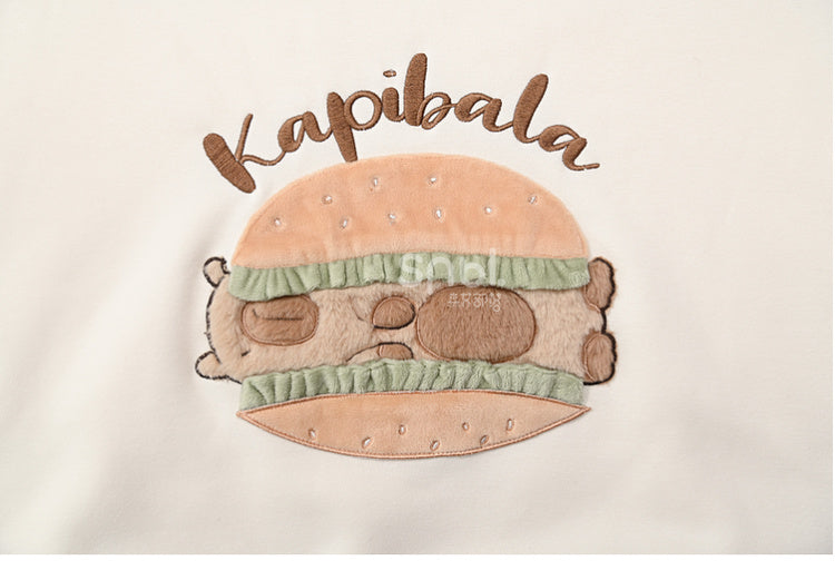Süße Capybara Burger Applikation Beige Dickes Sweatshirt