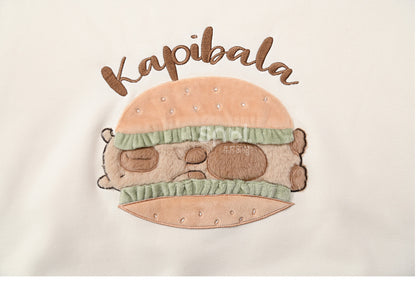 Süße Capybara Burger Applikation Beige Dickes Sweatshirt
