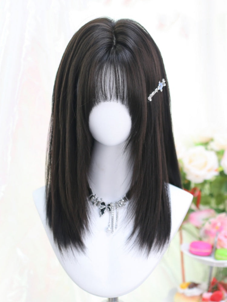 Black Tea Above Bust Length 40-45CM Straight Wig with Air Bangs