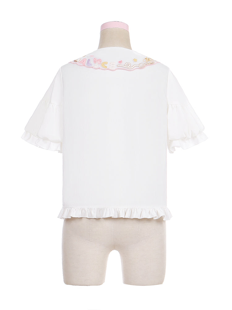 詳細 ホワイトのフリル付きロリータボウノットブラウス スイートヘム 刺繍入りピーターパンカラー