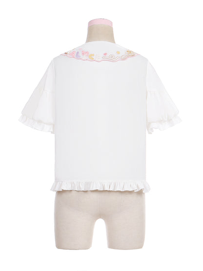 詳細 ホワイトのフリル付きロリータボウノットブラウス スイートヘム 刺繍入りピーターパンカラー