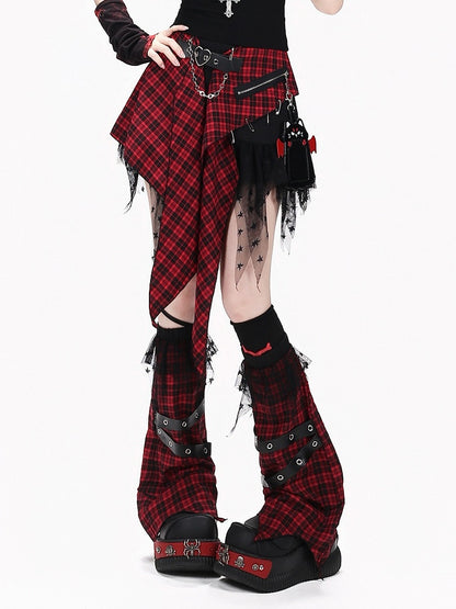 Red Black Plaid Asymmetric Skirt with Buckle - CRAZY GIRL
