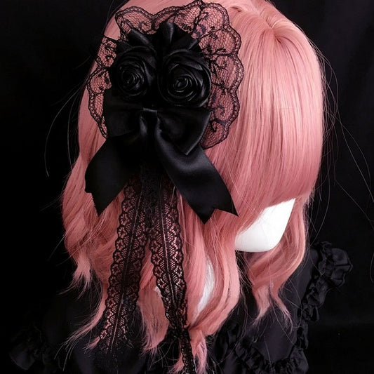 Bow Lace Trim Black Rose Hairclip