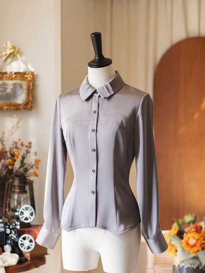 Shirt Elegant with Tie Fitted Satin Gray Jabot Long Sleeves