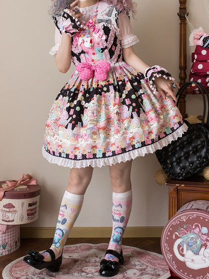 Rock Print Bär Desserts Lolita Süßer Pullover und Gummibärchen Schwarz