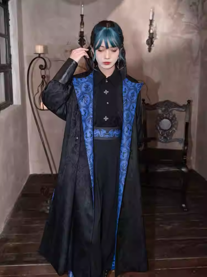Cheongsam Style Long Coat Print and Blue Coral Black Jacquard Seahorses Reversible