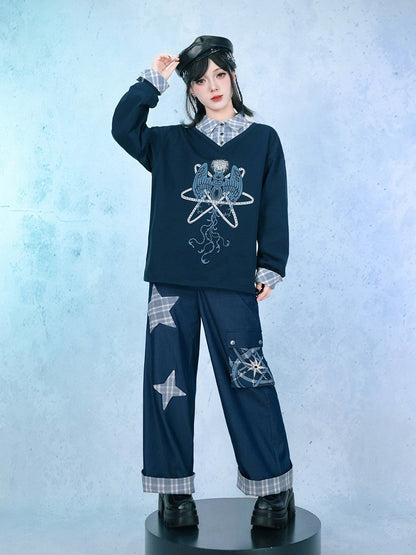 Navy Faux Two-Piece Plaid Collared Long Sleeve Shirt with Sea Angel Graphic - Quirky Hut