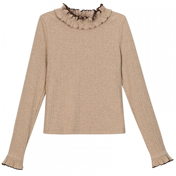 Hellbraunes Langarm-Top mit Rüschenausschnitt