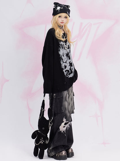 黒猫柄のダメージトリム ルーズセーター