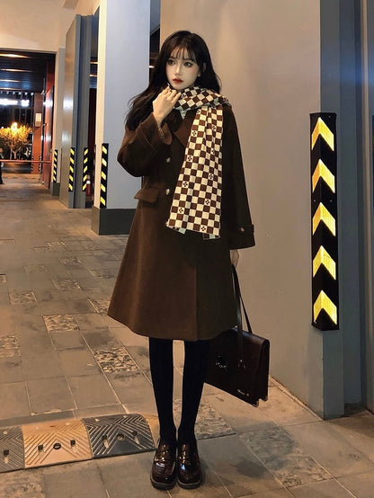 Brown Notched Collar Double-Breasted Woolen Coat