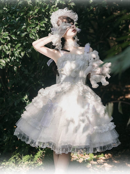 Bead Valley Dress of Lily Bow Embroidered White Sweet with Accents and Lace the Lolita