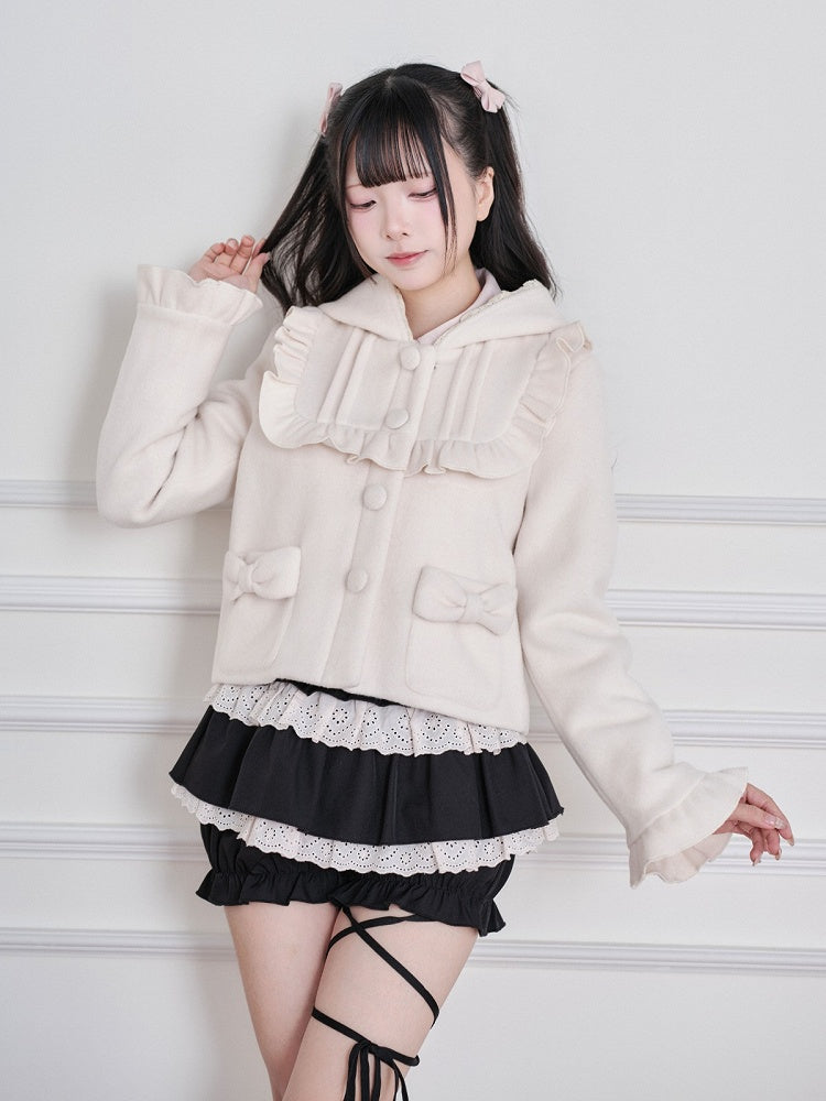 Apricot Ryousangata Wool-Blend Short Hooded Jacket, Ruffled Detail - No Genki