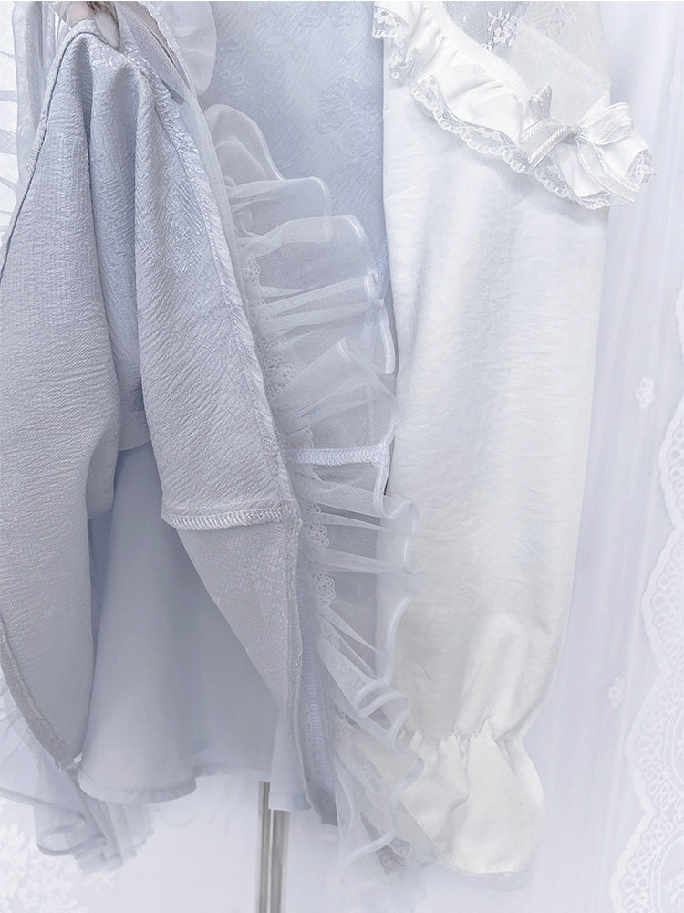 ジライケイ ライトブルー レースパッチショルダー ランドマインスタイル レーストリム ロングスリーブドレス