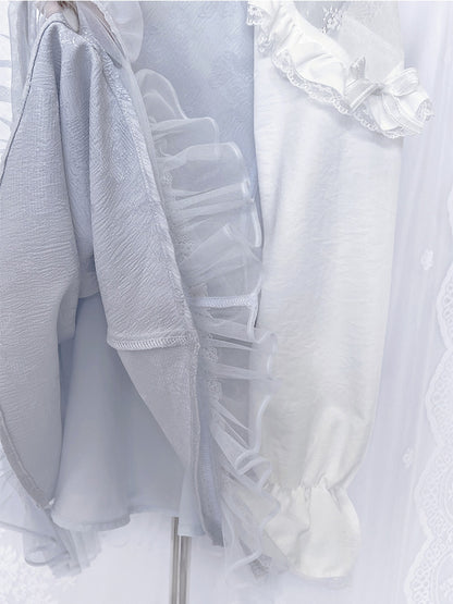 ジライケイ ライトブルー レースパッチショルダー ランドマインスタイル レーストリム ロングスリーブドレス