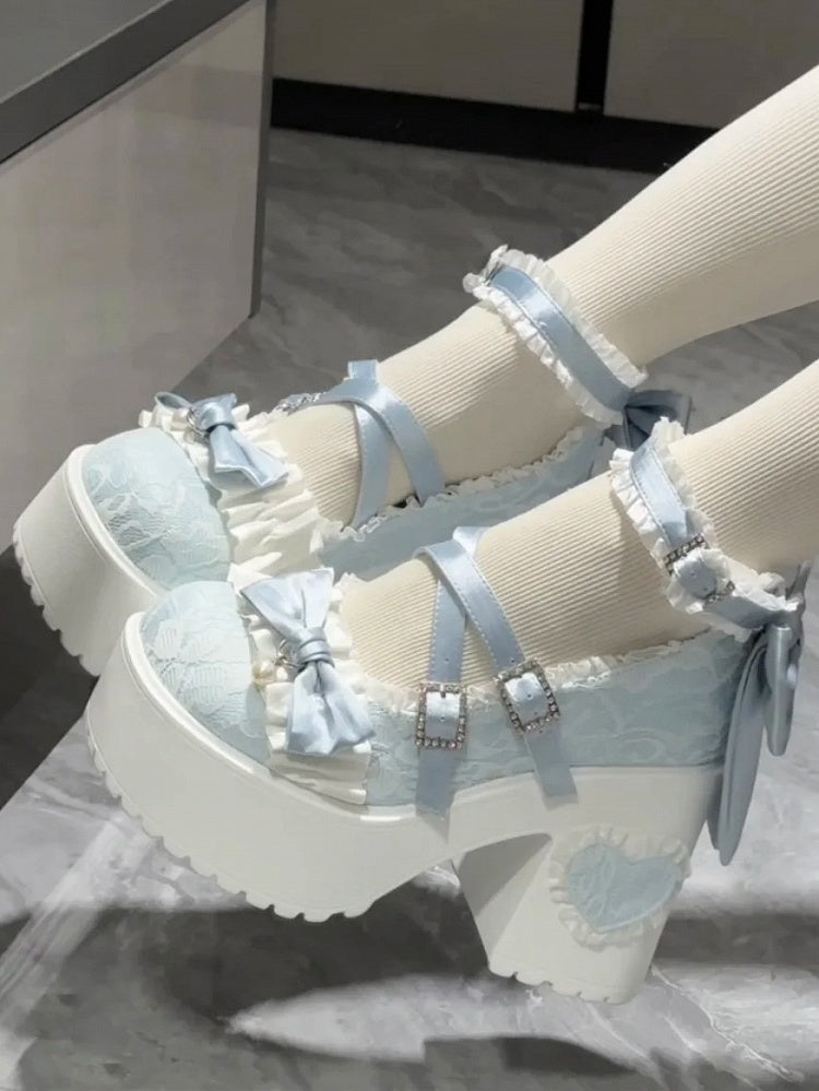 High Block Fastener Ornate Heels Crystal Baby Blue Lolita Sweet -