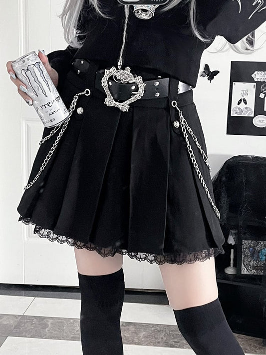 Motif Black Gothic ChainsCross Metal Hem Lined Skirtwith Lace Side