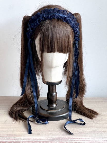 Fashion Hairband Lolita Ruffled with Red/White/Black/Dark Ribbons Blue