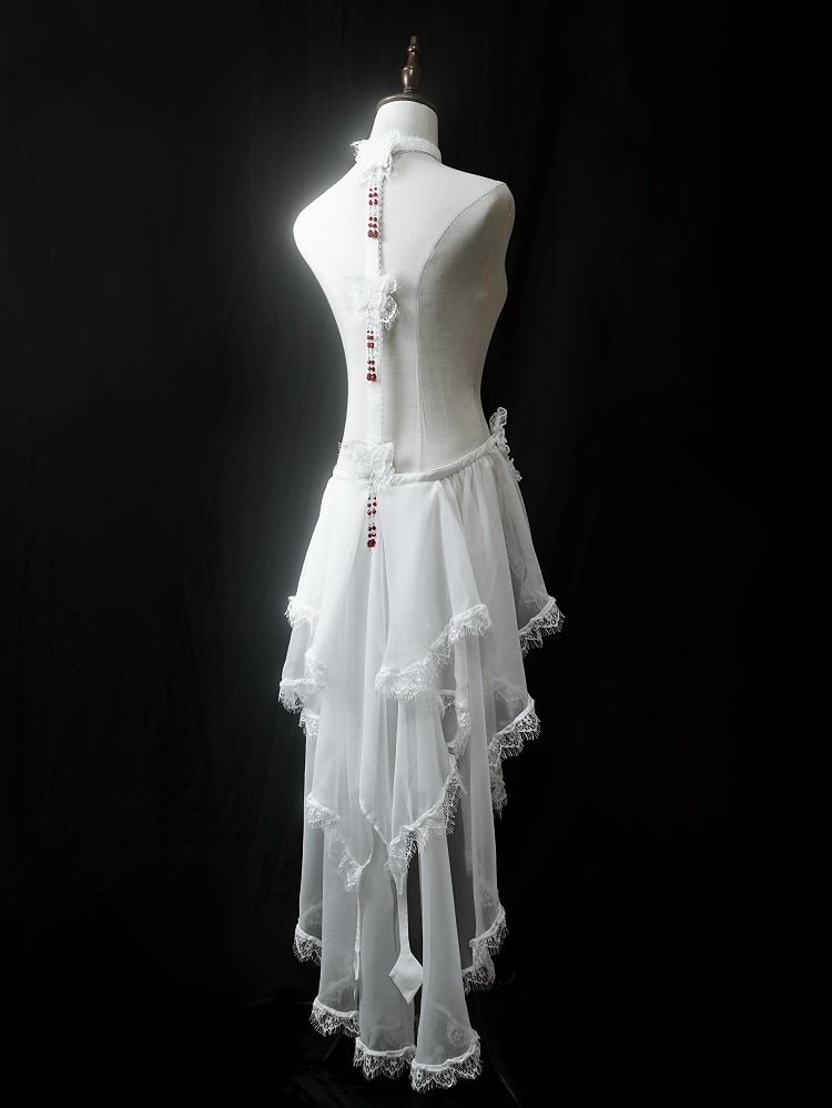 with Cascading Gothic White Butterfly Accents Ruffle Train Red Bead Lolita + Choker