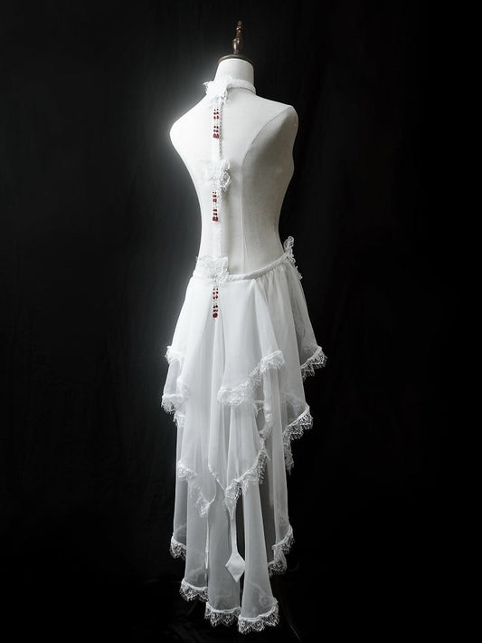 with Cascading Gothic White Butterfly Accents Ruffle Train Red Bead Lolita + Choker