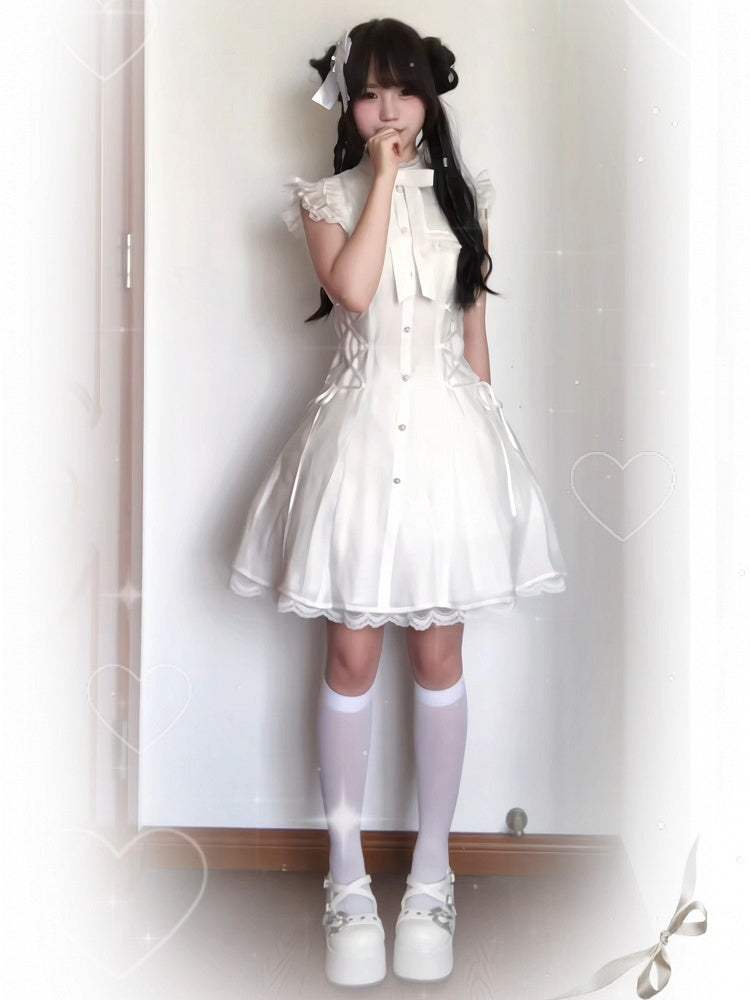 Flutter White Dress:Pure SleevesWaist Balletcore Lace-Up Version Short Stylewith