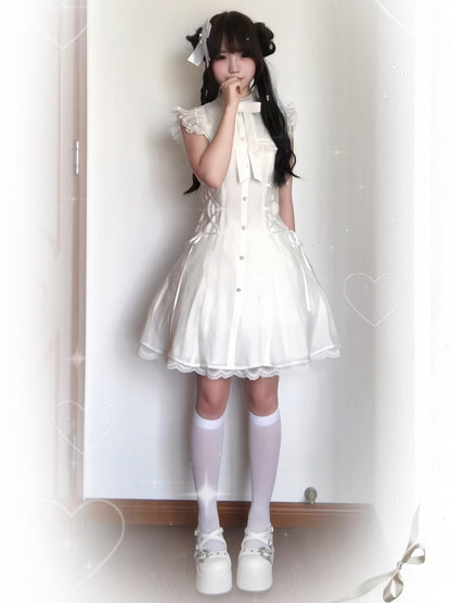 Flutter White Dress:Pure SleevesWaist Balletcore Lace-Up Version Short Stylewith