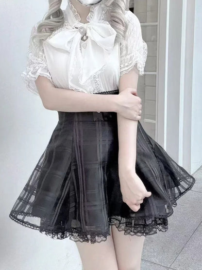 Chiffon and Details White Neckline Lace Blouse Style Bead Jirai with Bow Self-tie Kei
