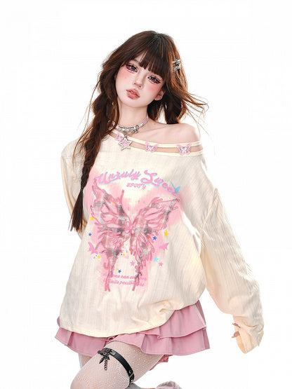 Graphic Pink/Apricot Asymmetrical Neckline Butterfly Embroidered Loose Top