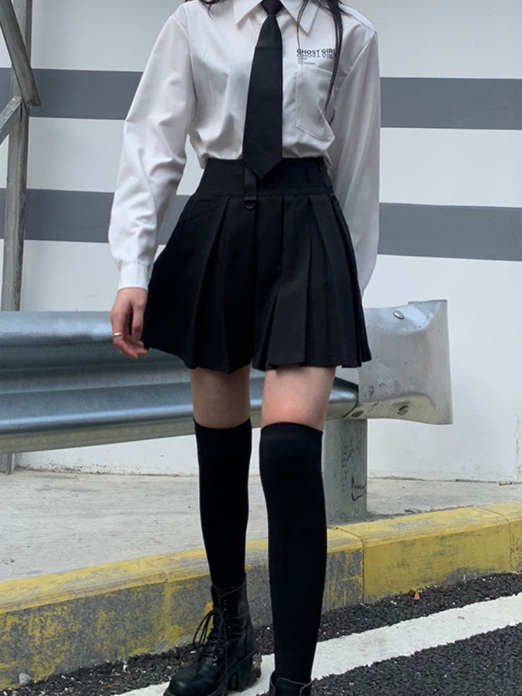 Black High Waist Box Pleat Overall Skirt