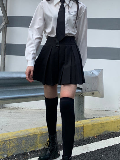 Black High Waist Box Pleat Overall Skirt