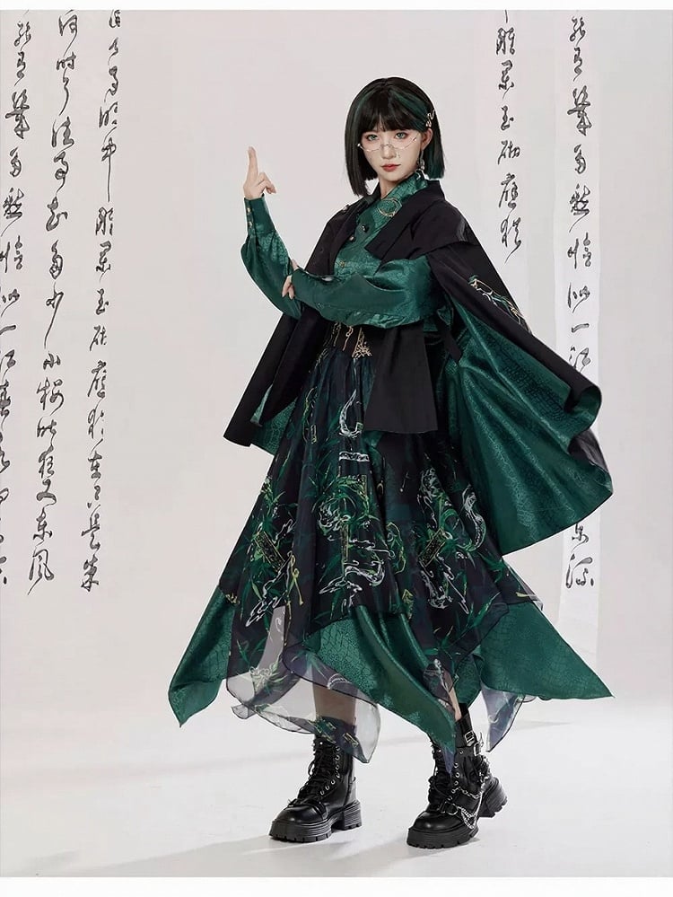 Green Black Chinese Cloak Asymmetrical Embroidery