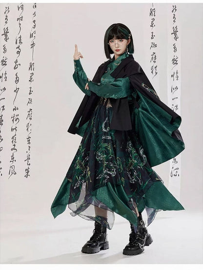 Green Black Chinese Cloak Asymmetrical Embroidery
