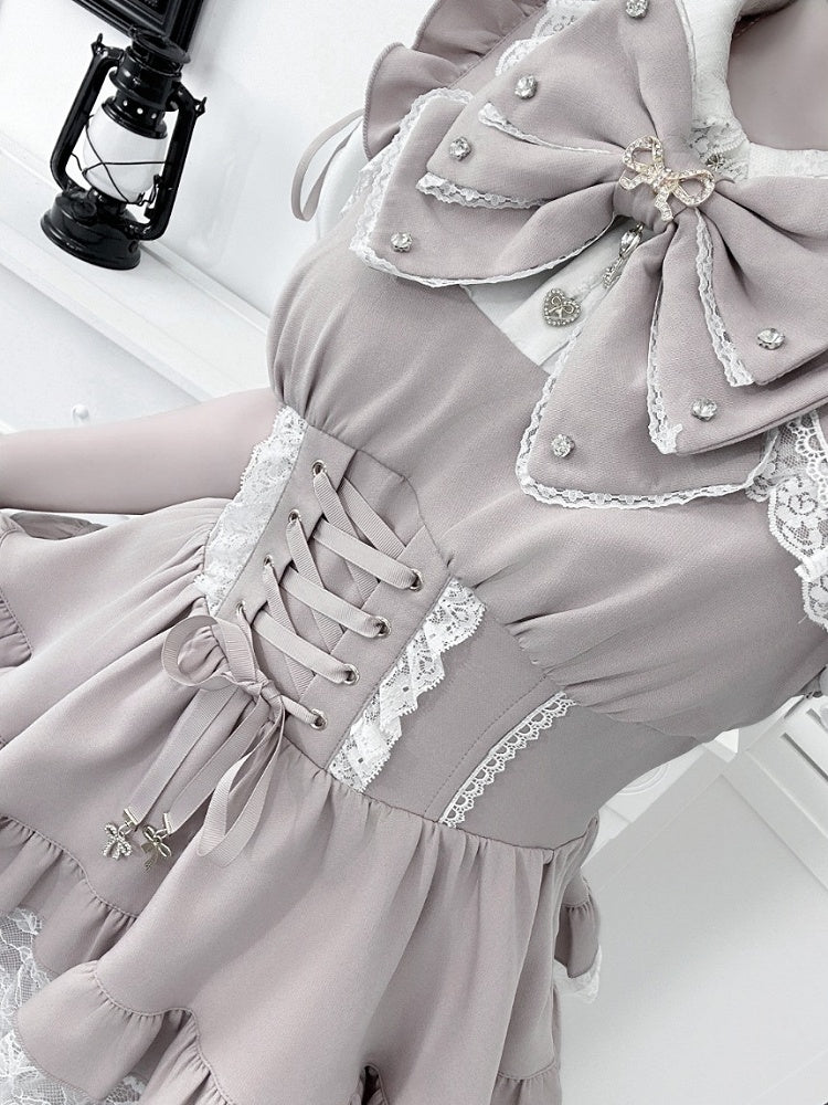 Pink and White Ryousangata Two-Piece Set with Lace and Ruffle - GingaU