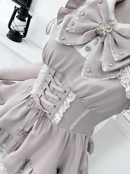 Pink and White Ryousangata Two-Piece Set with Lace and Ruffle - GingaU