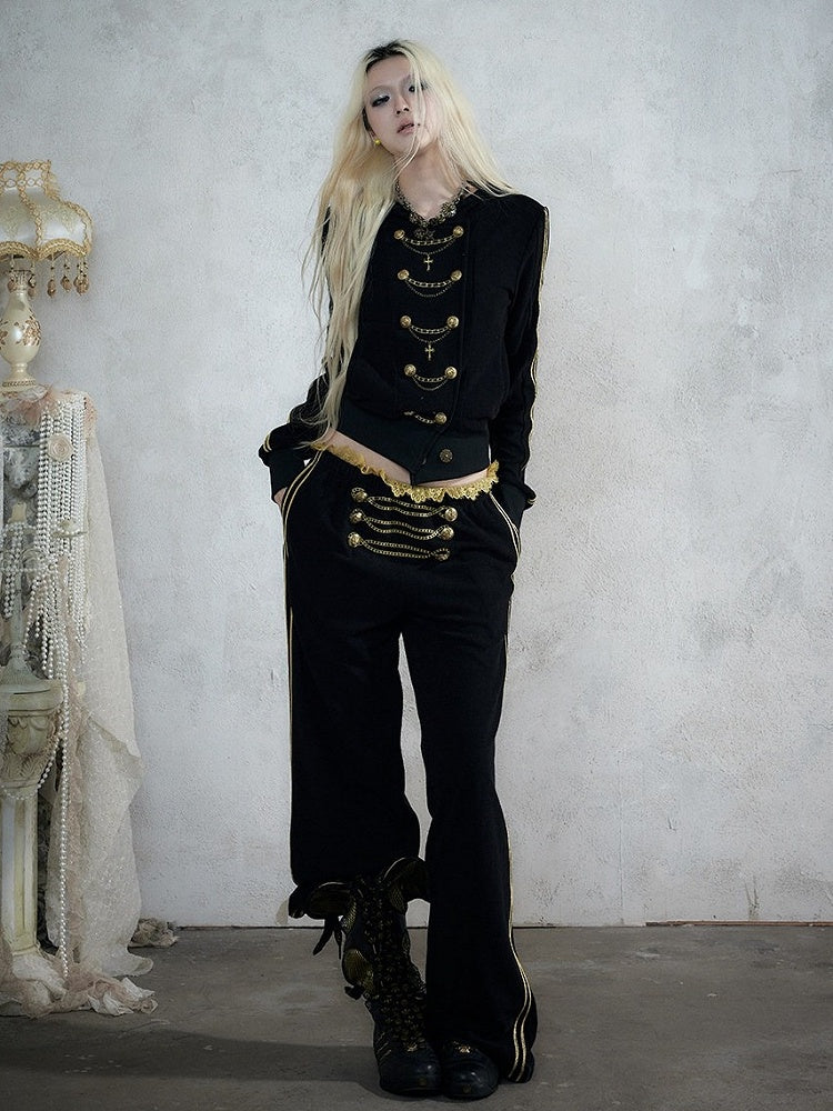 Black & Gold Double-Breasted Hooded Jacket with Chain Embroidery Details, Punk Fashion - NO ROMANCE