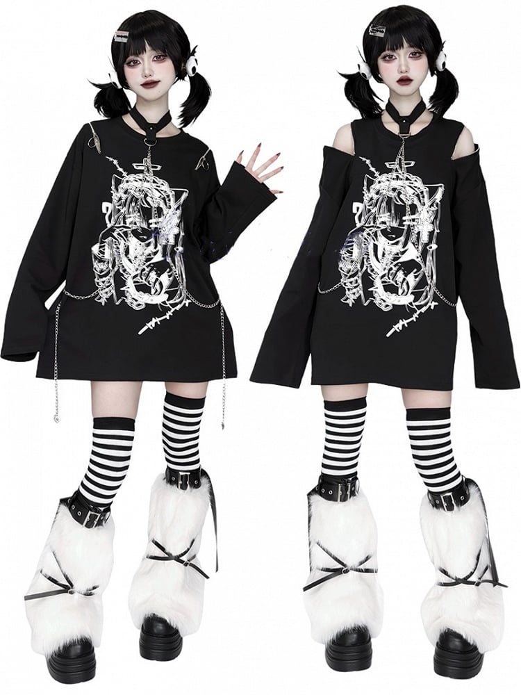 Anime Girl Print Black Zip Shoulder and Choker Chain Long Sleeve Top with Convertible