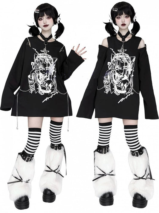 Anime Girl Print Black Zip Shoulder and Choker Chain Long Sleeve Top with Convertible